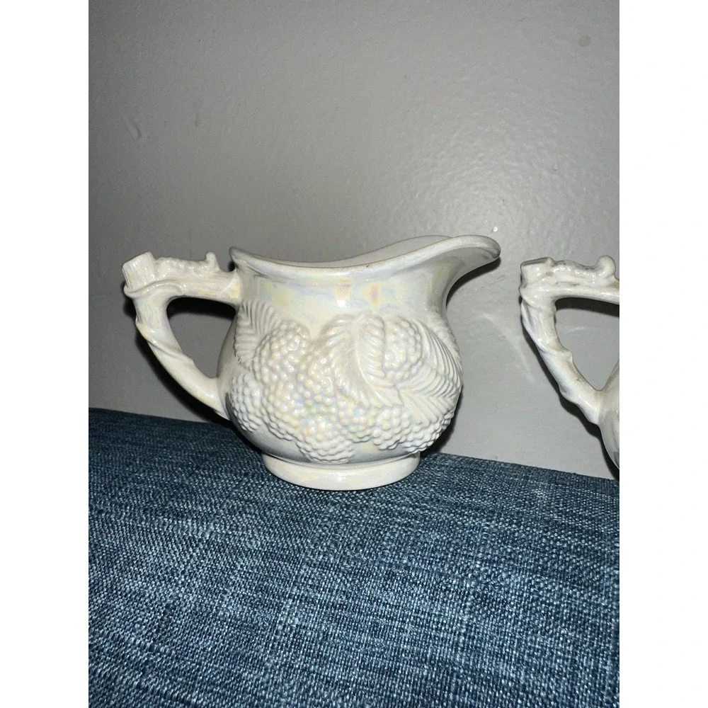 Vintage Blackberry Relief Creamer & Covered Sugar Bowl Parian Style White Lustre